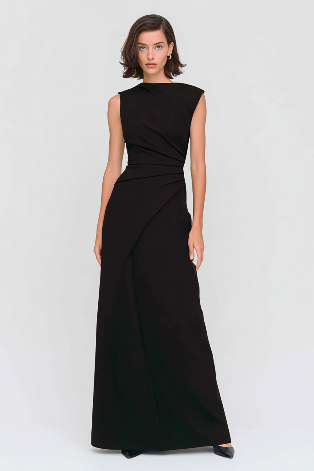 Bateau Neck Sheath Ruched Long Black Tie Dress