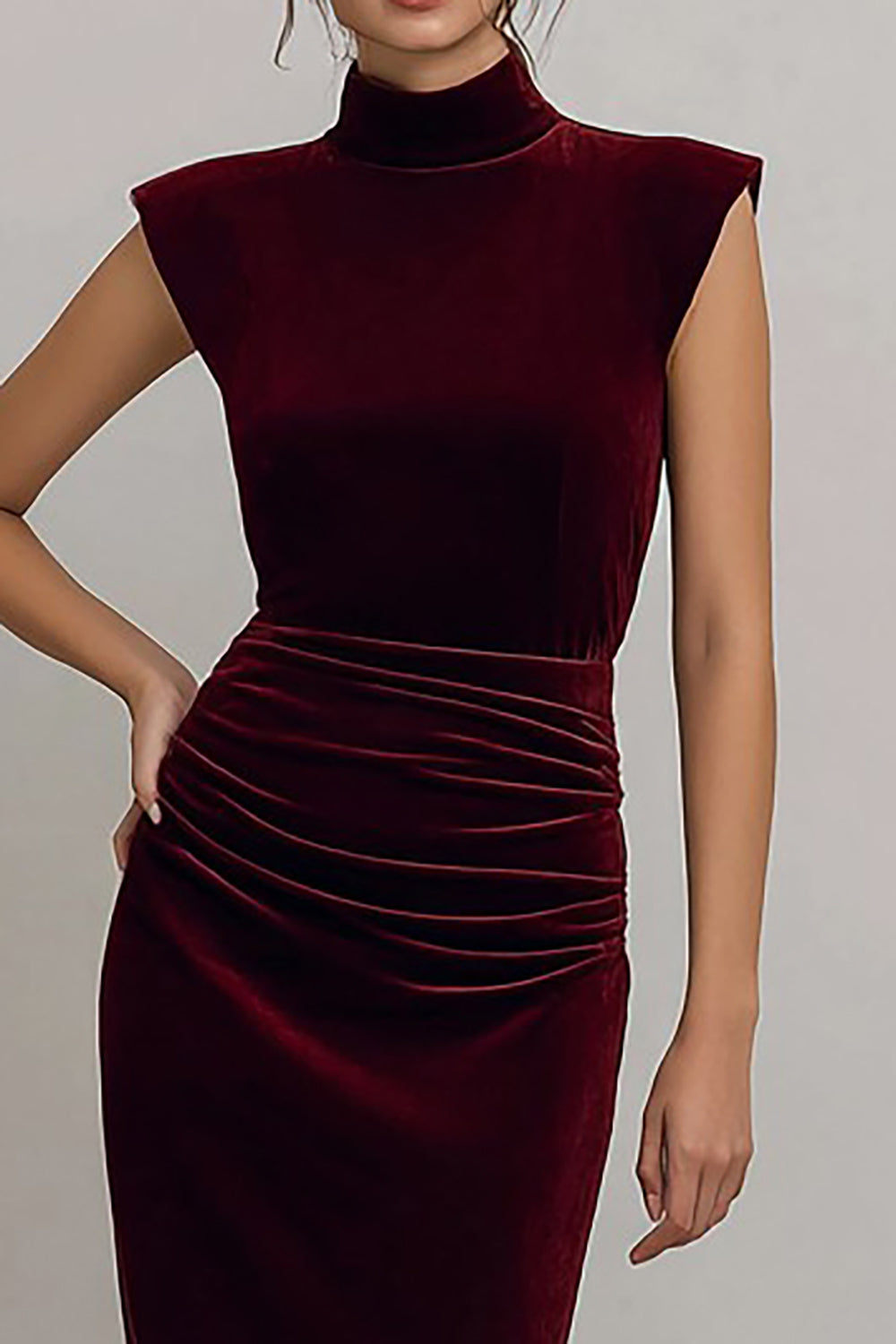 Burgundy Velvet Sheath High Neck Ruched Long Formal Dress with Slit