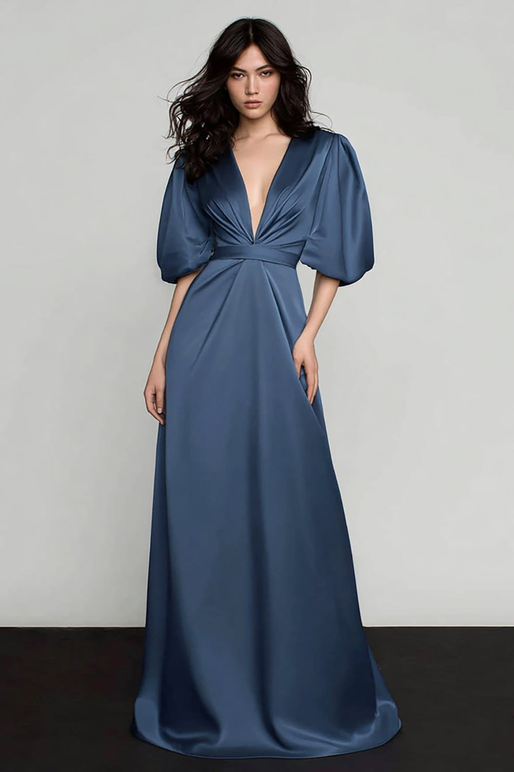 Sparkly Dark Blue Satin Deep V-Neck A-Line Long Formal Dress with Sleeves