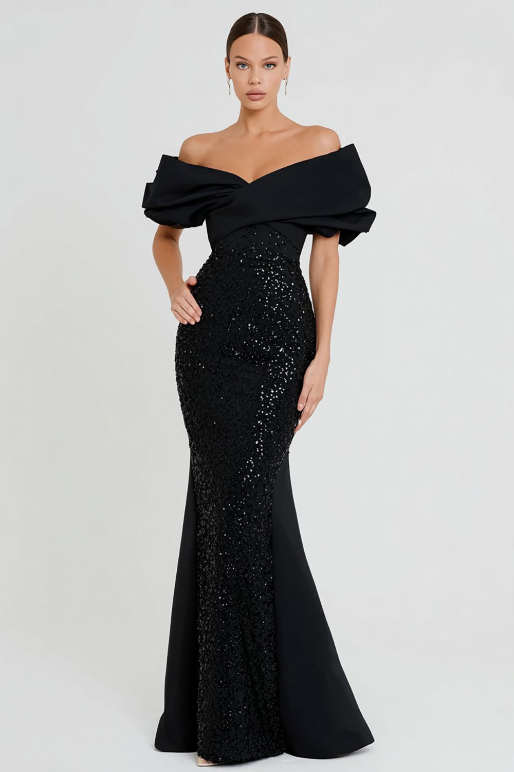 Sparkly Black Mermaid Off the Shoulder Long Sequin Formal Dress