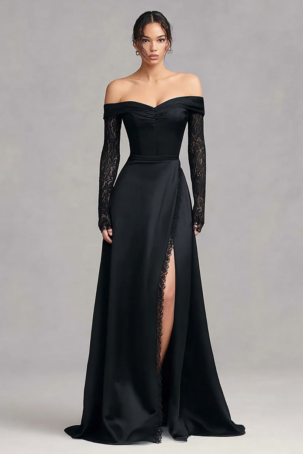 Black Satin Off the Shoulder Long Sleeves Formal Dress with Lace