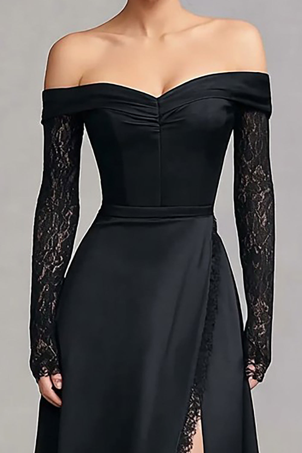 Black Satin Off the Shoulder Long Sleeves Formal Dress with Lace