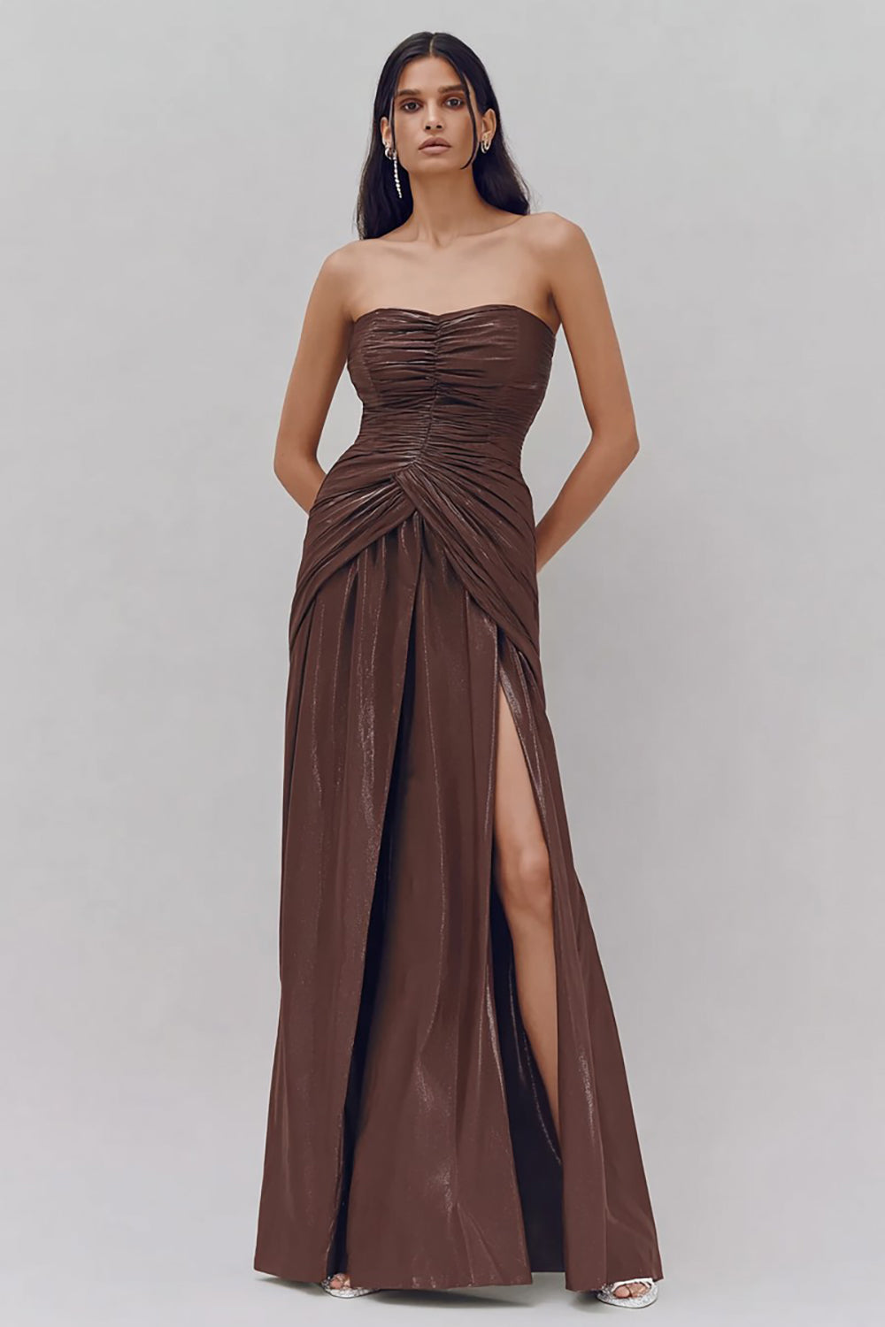 Coffee Sheath Ruched Strapless Long Formal Dress with Slit