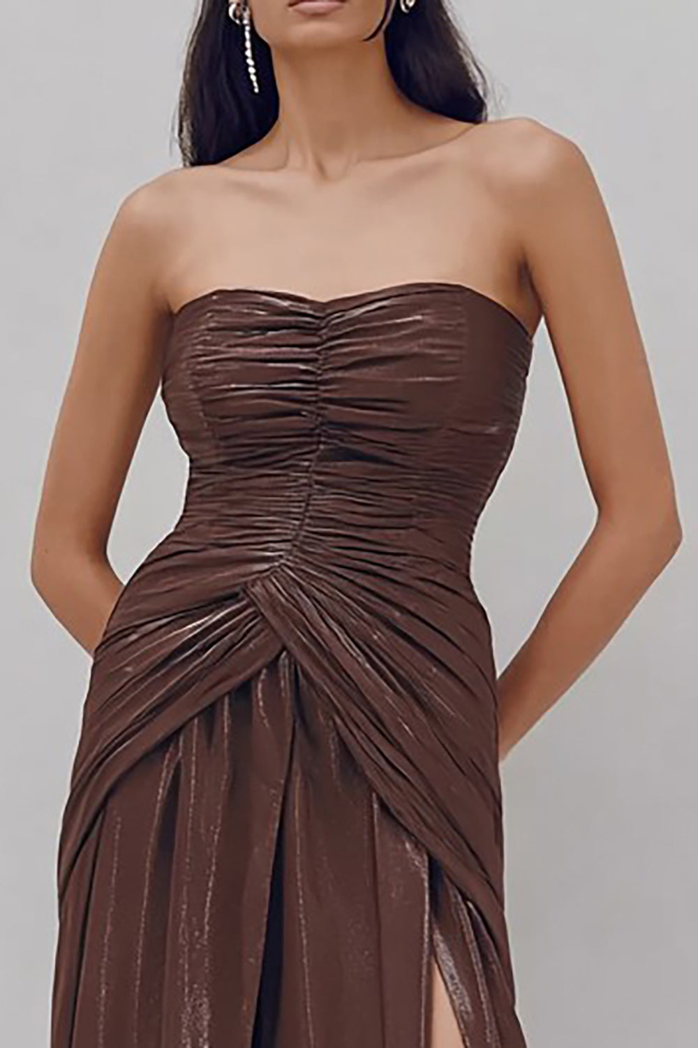 Coffee Sheath Ruched Strapless Long Formal Dress with Slit