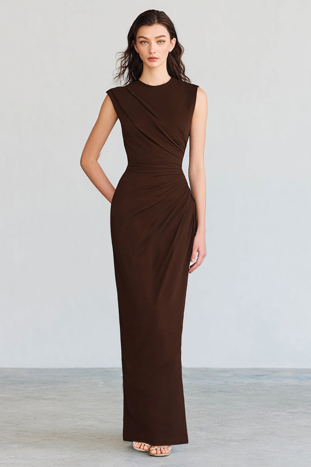 Coffee Sheath Crew Neck Ruched Long Formal Dress