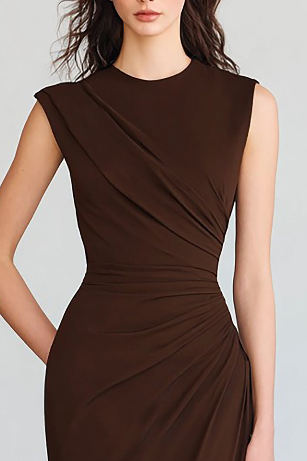 Coffee Sheath Crew Neck Ruched Long Formal Dress