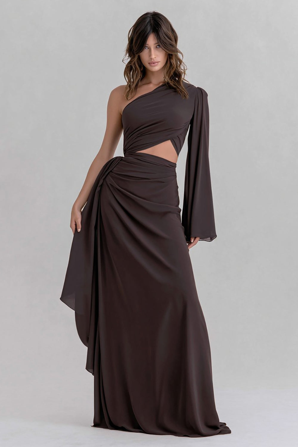 Coffee Cut Out Asymmetrical One Shoulder Ruched Long Formal Dress with Sleeves