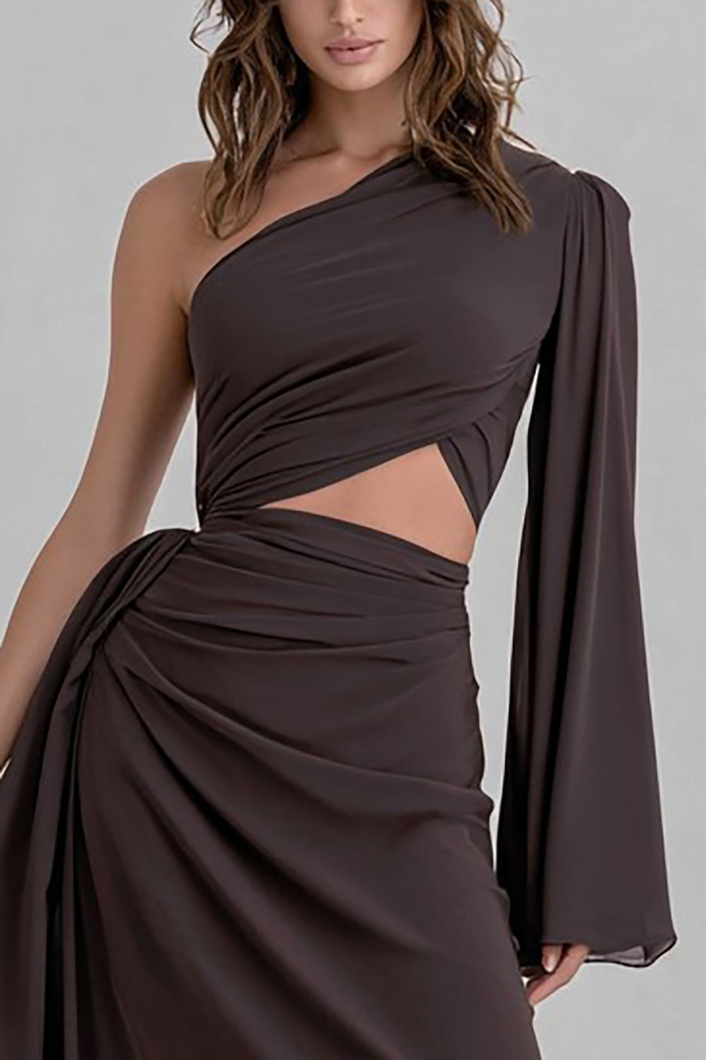 Coffee Cut Out Asymmetrical One Shoulder Ruched Long Formal Dress with Sleeves