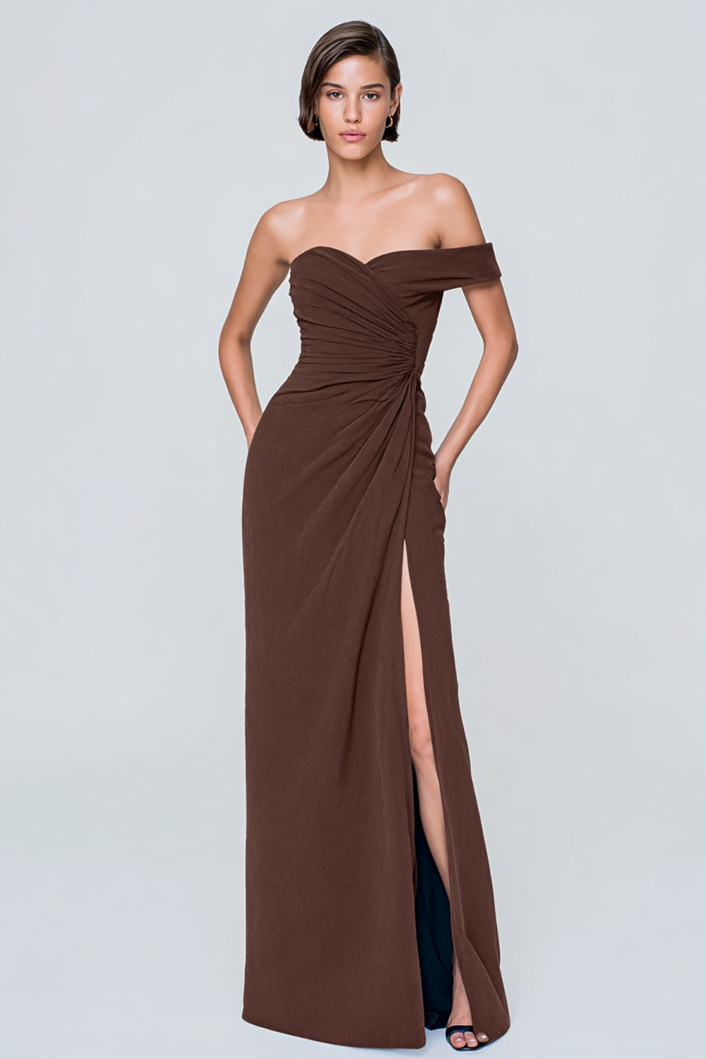 Coffee Asymmetrical Neck One Shoulder Ruched Long Formal Dress with Slit