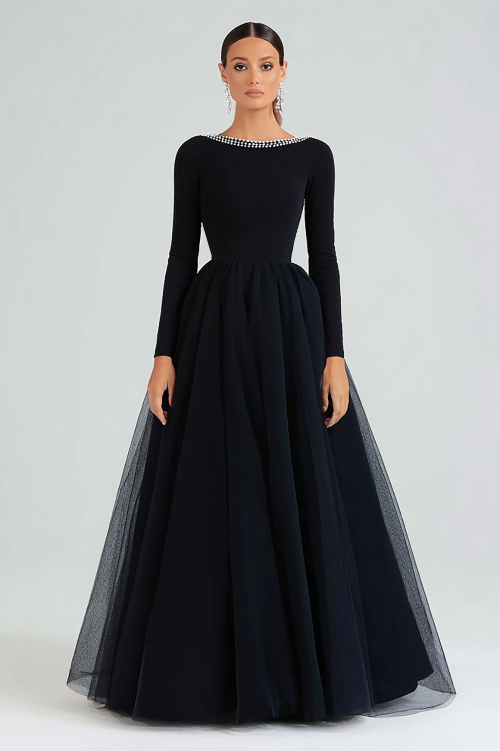 Sparkly A-Line Boat Neck Long Sleeves Black Tie Dress with Beading