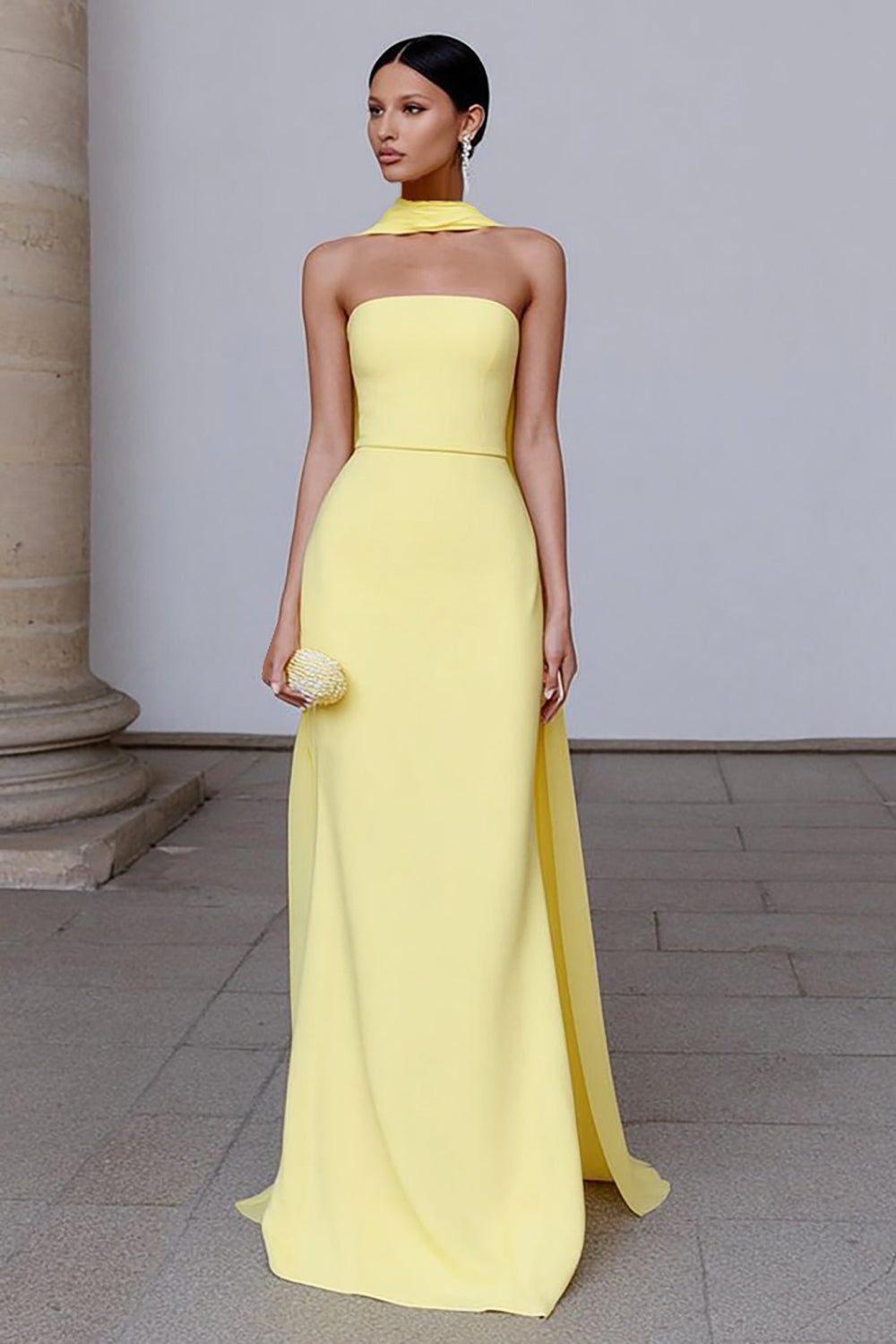 Yellow Sheath Neck Scarf Strapless Long Formal Dress with Slit