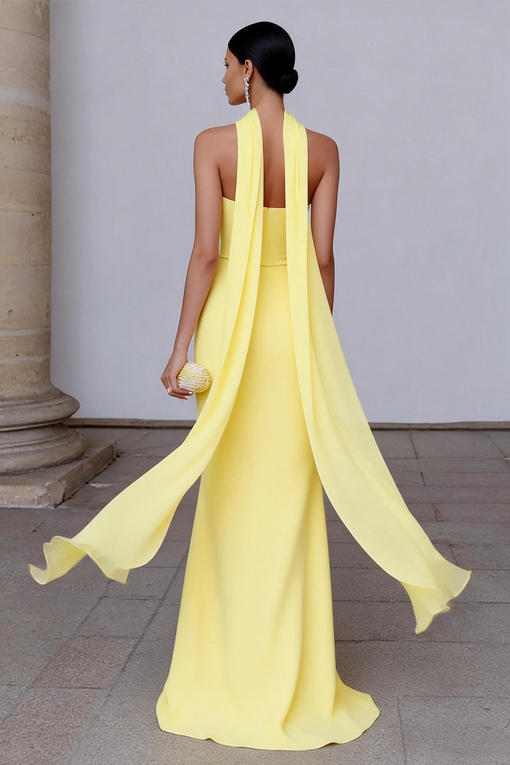 Yellow Sheath Neck Scarf Strapless Long Formal Dress with Slit