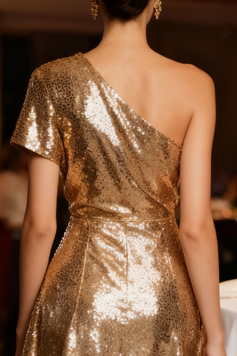 Sparkly Gold Sequin One Shoulder Mini Cocktail Dress