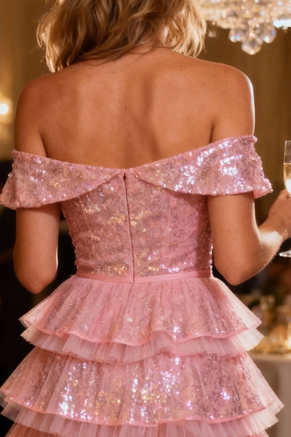 Sparkly Pink Sequin A-Line Tiered Off the Shoulder Mini Cocktail Dress