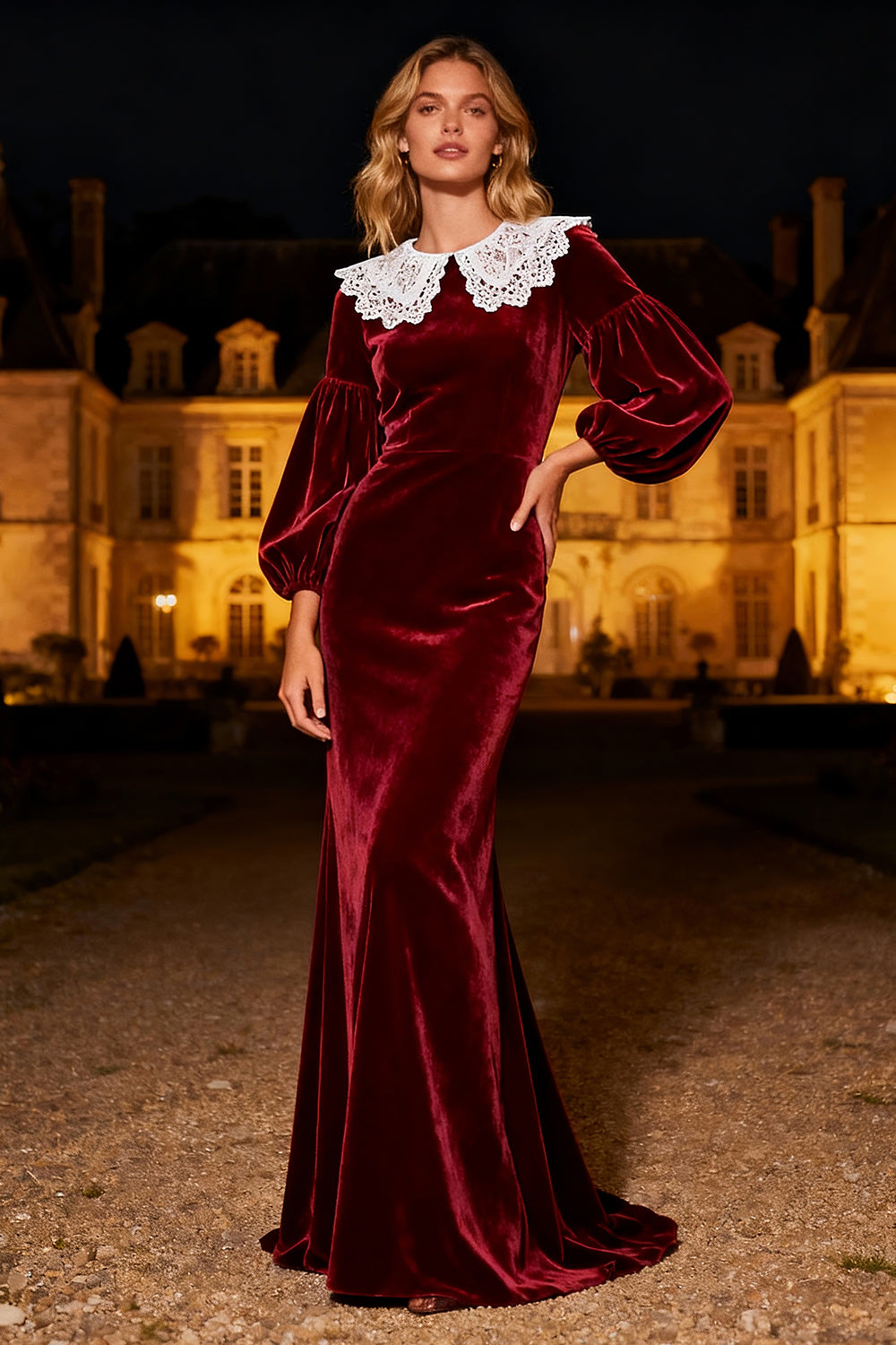 Modest Burgundy Mermaid Peter Pan Collar Long Velvet Holiday Party Dress