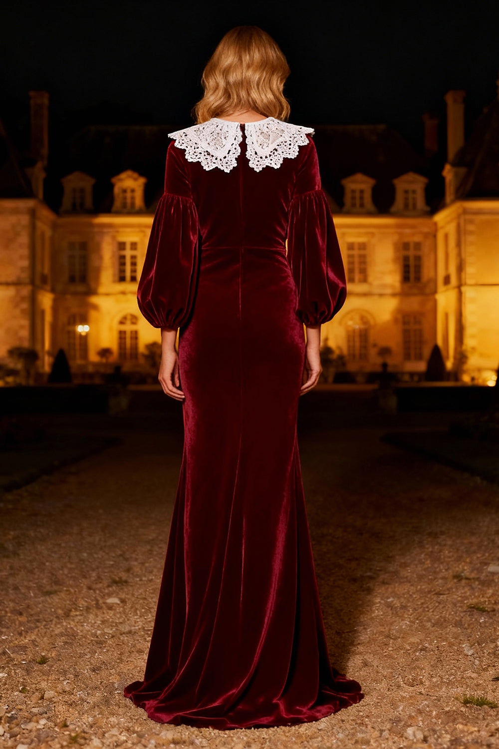 Modest Burgundy Mermaid Peter Pan Collar Long Velvet Holiday Party Dress