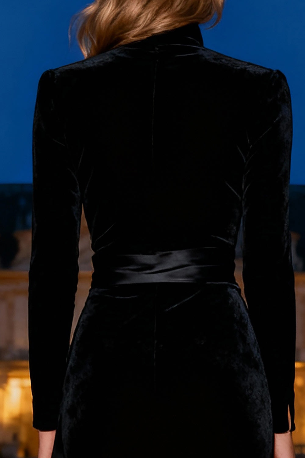 Modest Black Mermaid Velvet Long Sleeves Holiday Party Dress with Sash