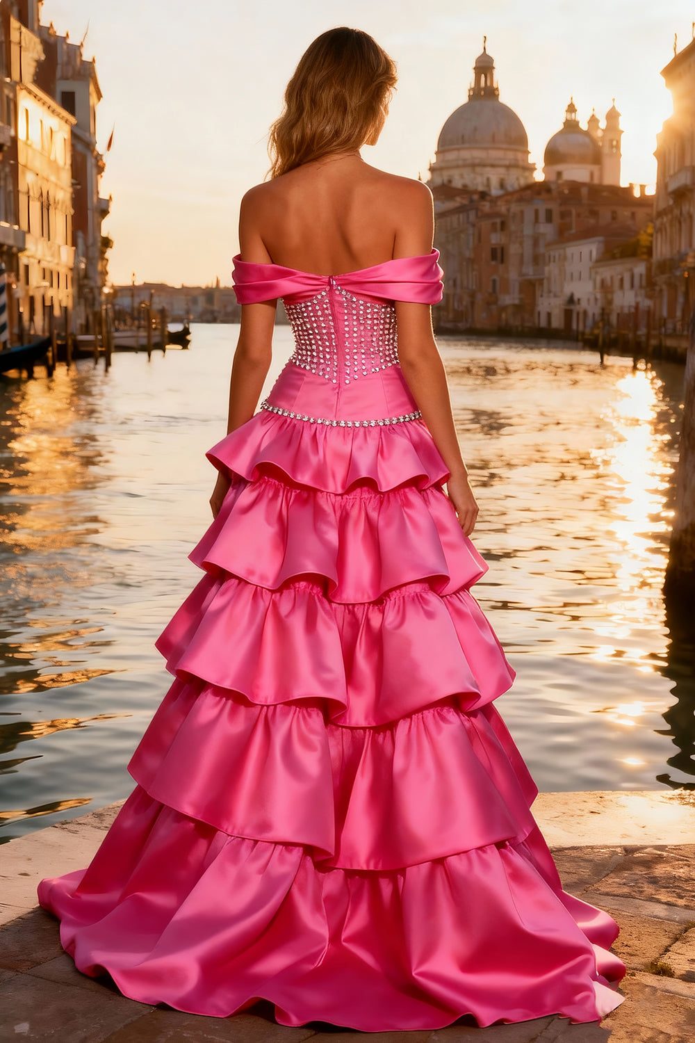 Sparkly Bright Pink Beaded Ball Gown Off the Shoulder Long Prom Dress