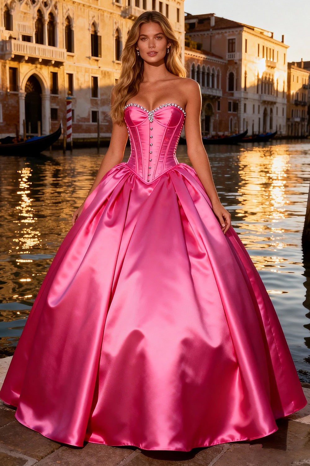 Sparkly Bright Pink Ball Gown Satin Sweetheart Long Corset Prom Dress