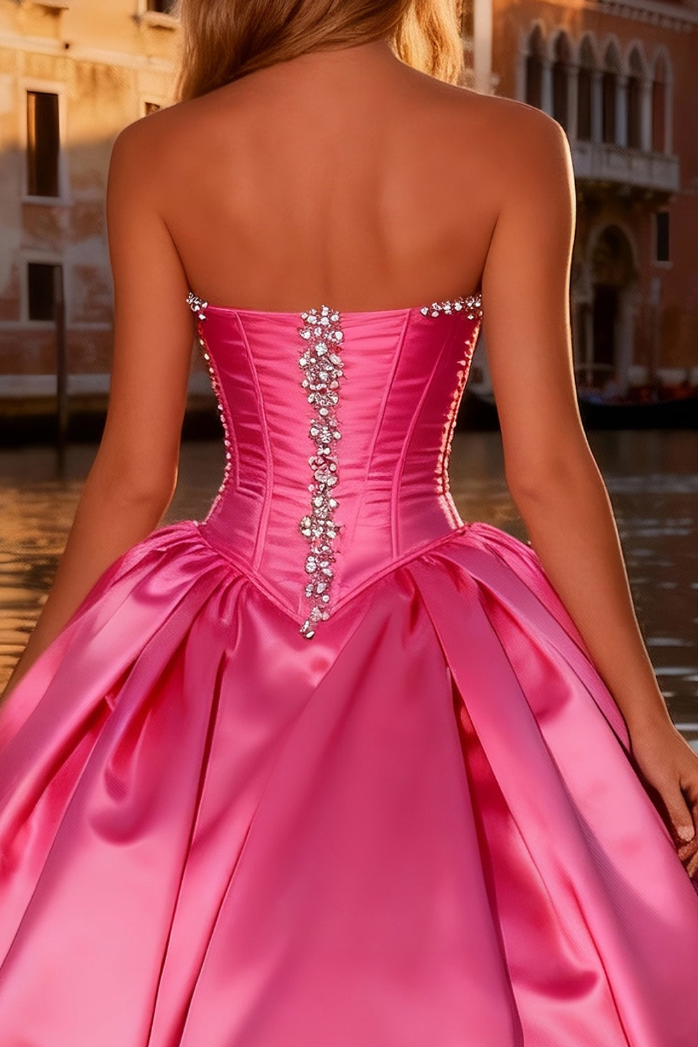 Sparkly Bright Pink Ball Gown Satin Sweetheart Long Corset Prom Dress
