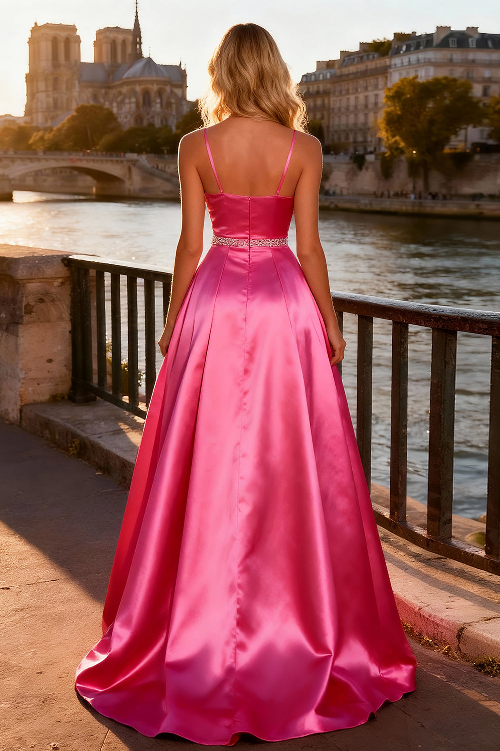 Sparkly Bright Pink Ball Gown Satin Spaghetti Straps Long Prom Dress