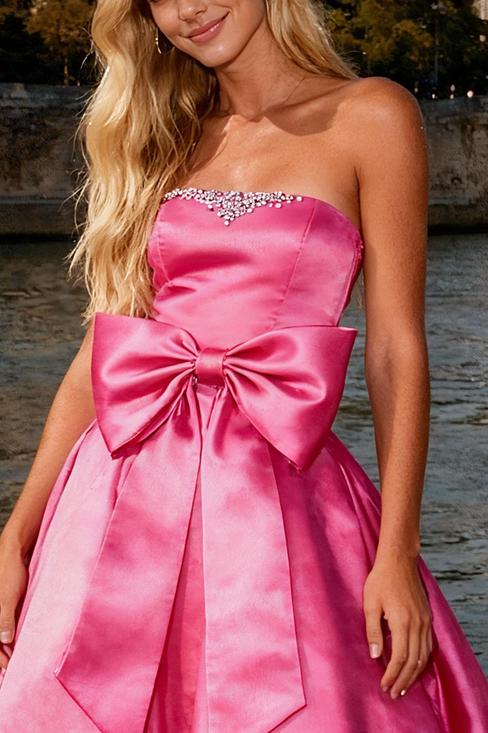 Sparkly Bright Pink Strapless Long Satin Prom Dress with Bow