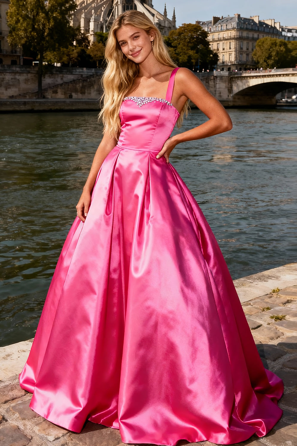 Sparkly Bright Pink A Line Satin Thick Straps Long Prom Dress