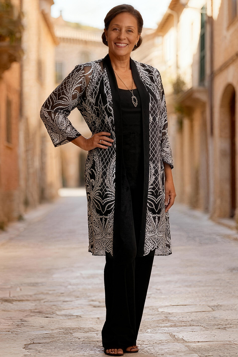 Black Lace Boat Neck 3 Piece Mother of the Bride Pant Suits with Jacket