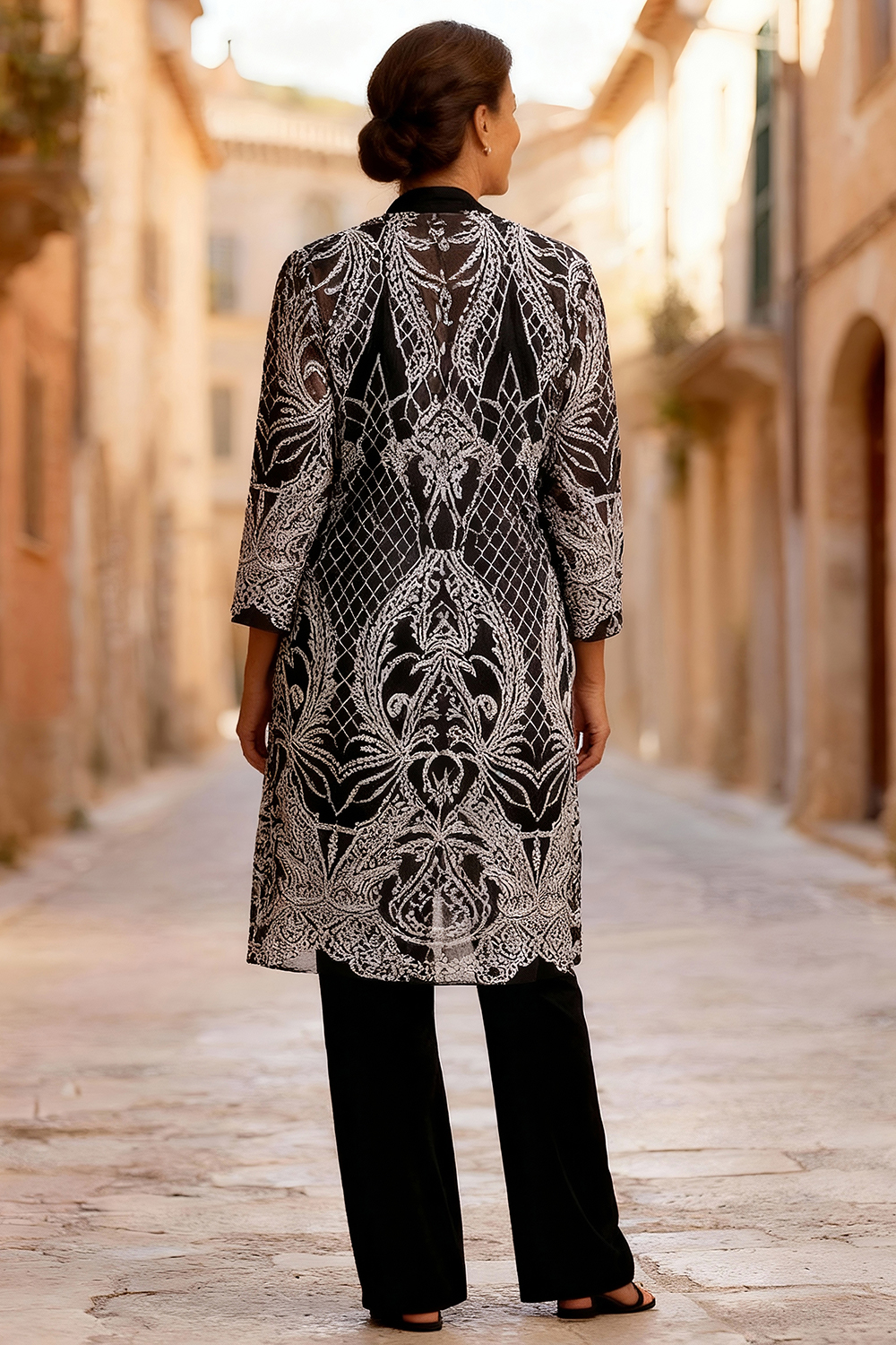 Black Lace Boat Neck 3 Piece Mother of the Bride Pant Suits with Jacket