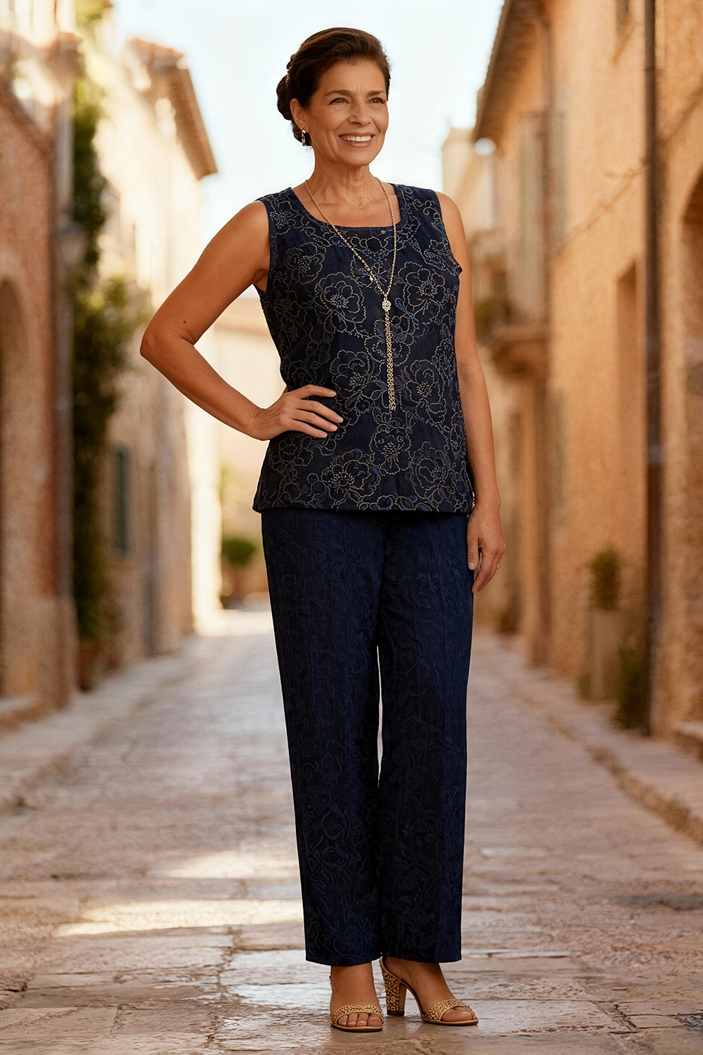 Dark Navy Lace Round Neck 3 Piece Mother of the Bride Pant Suits with Jacket