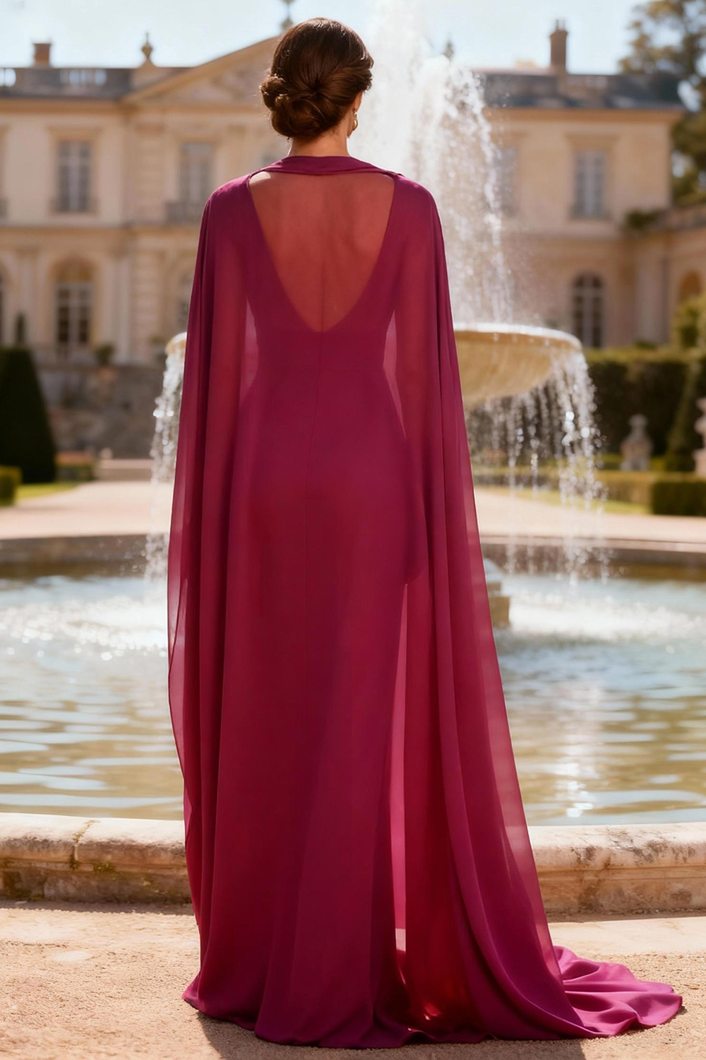 Fuchsia V-Neck Ruched Floor-Length Mother of the Bride Jumpsuits with Cape