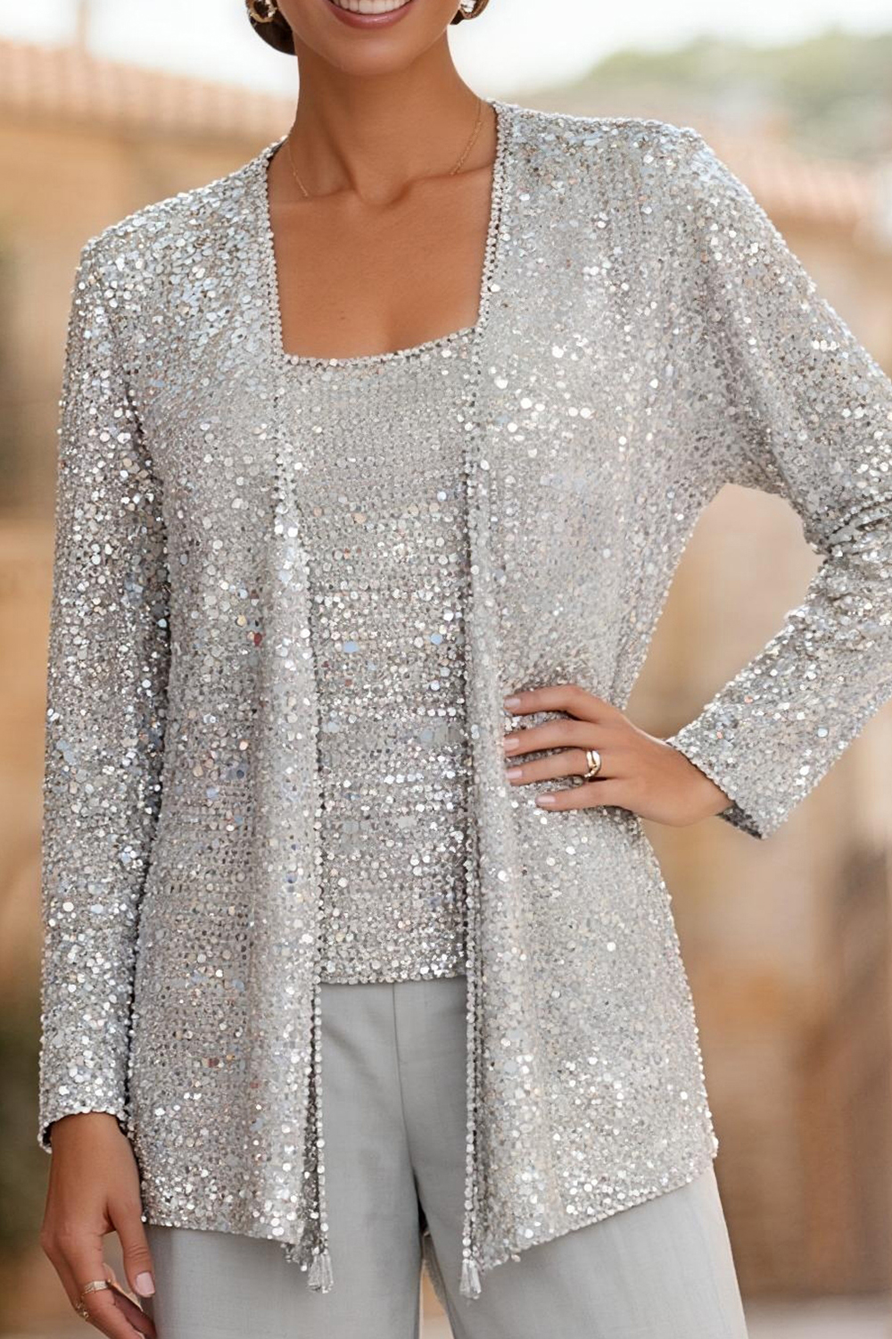 Sparkly Silver Sequins Boat Neck 3 Piece Mother of the Bride Pant Suits with Jacket
