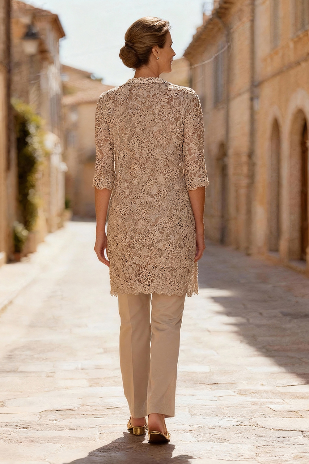 Khaki Boat Neck Lace 3 Piece Mother of the Bride Pant Suits with Jacket