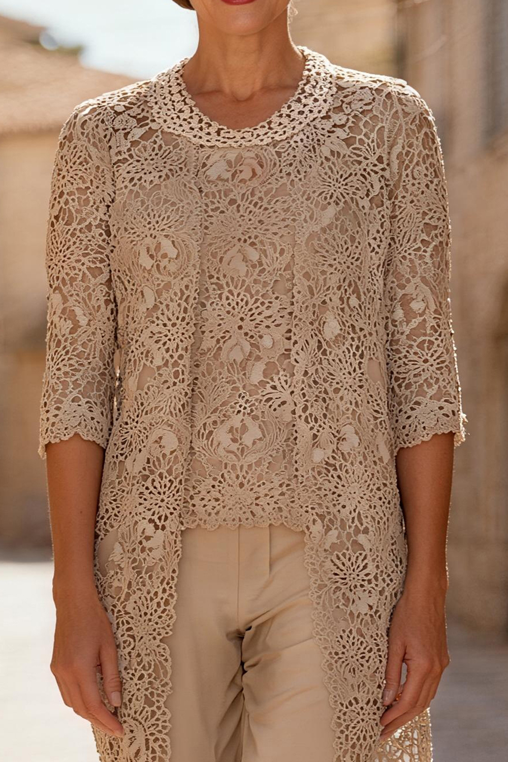 Khaki Boat Neck Lace 3 Piece Mother of the Bride Pant Suits with Jacket