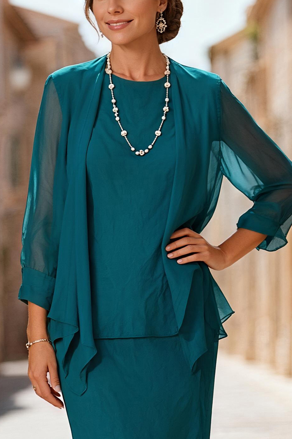 Peacock Blue Boat Neck 3 Piece Mother of the Bride Pant Suits with Jacket