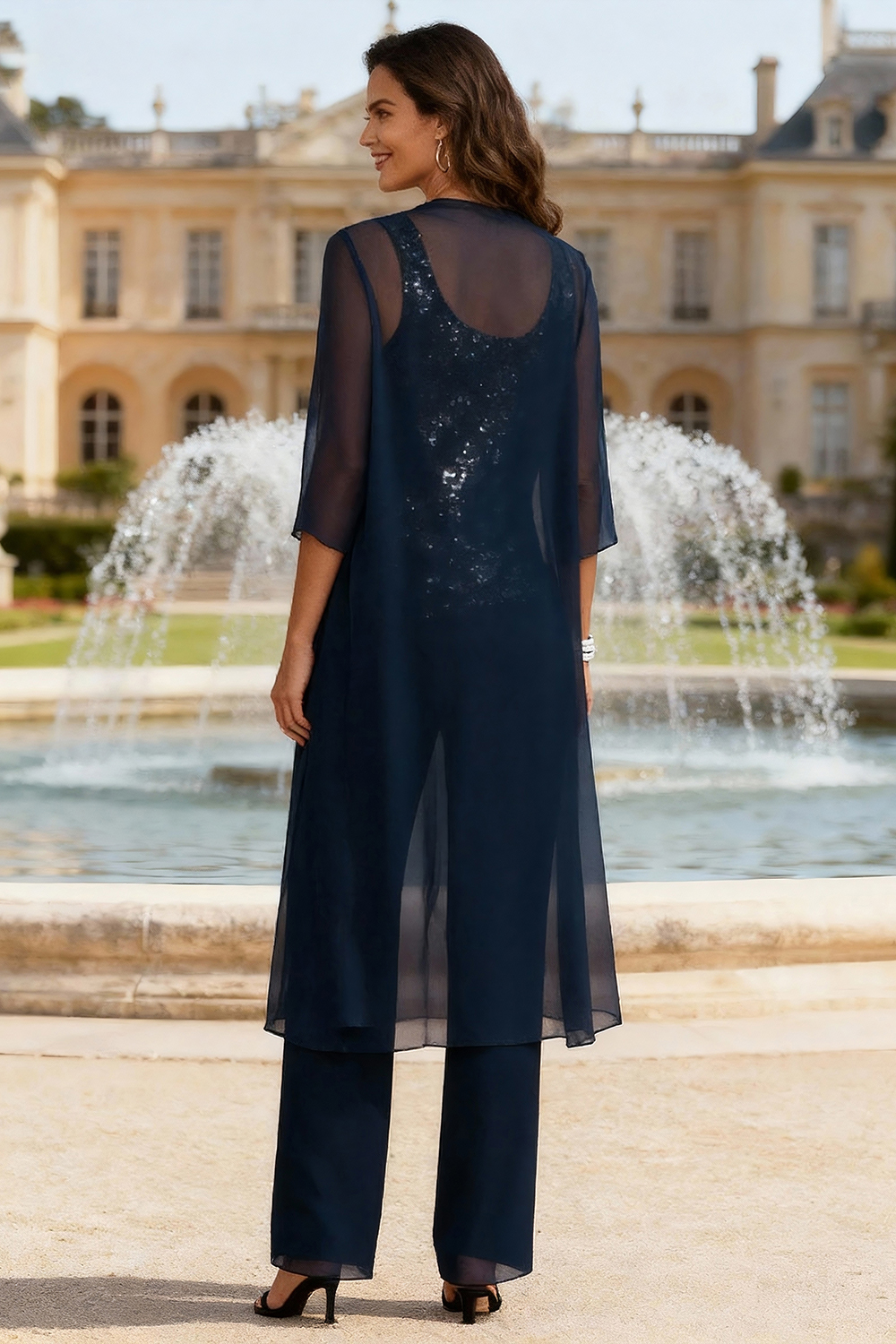 Sparkly Dark Navy Beaded 3 Piece Mother of the Bride Pant Suits with Jacket