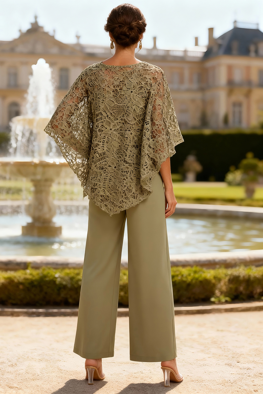 Lace Dusty Sage Boat Neck 2 Piece Mother of the Bride Pant Suits