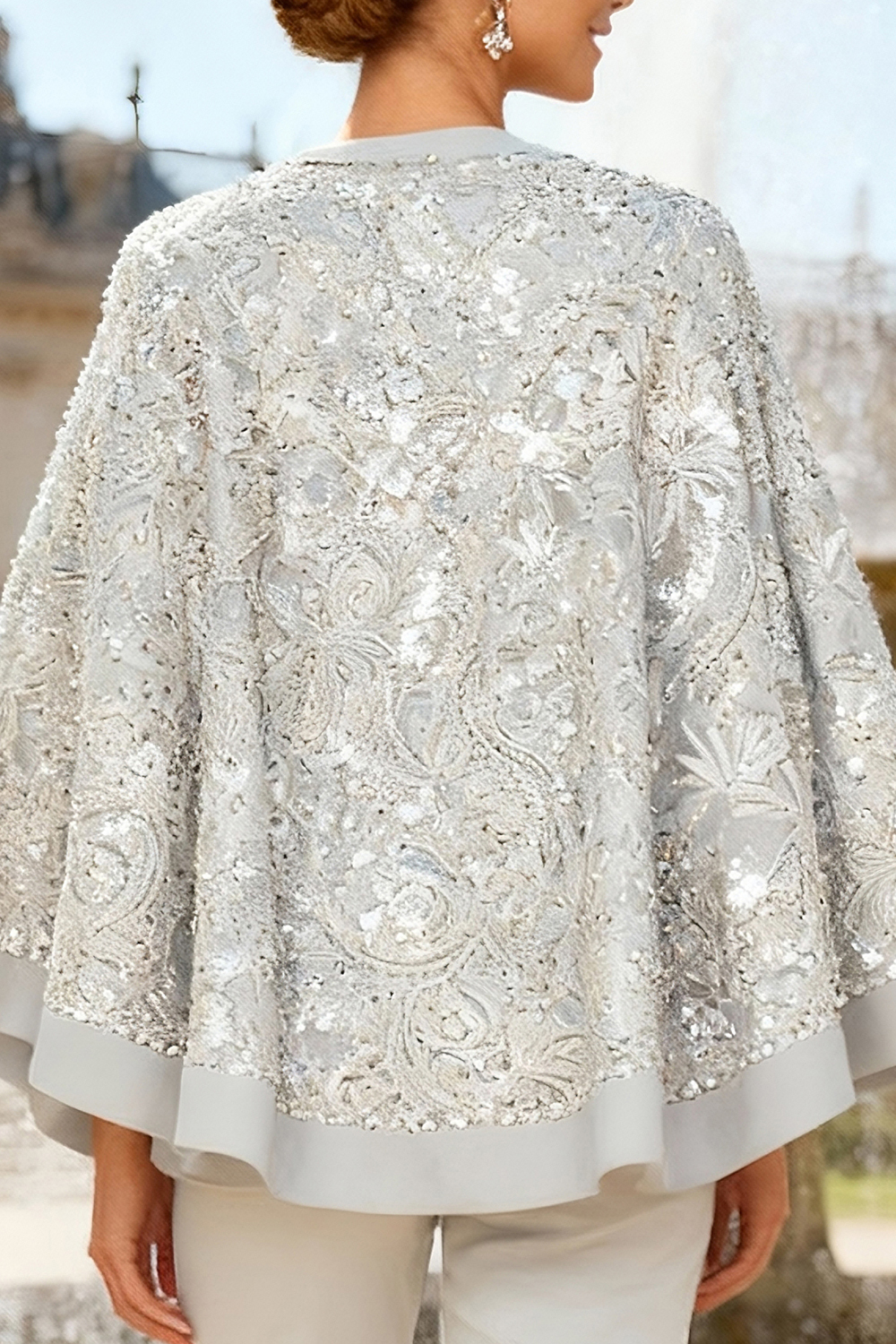 Sparkly Silver Beaded Lace 2 Piece Mother of the Bride Pant Suits with Cape