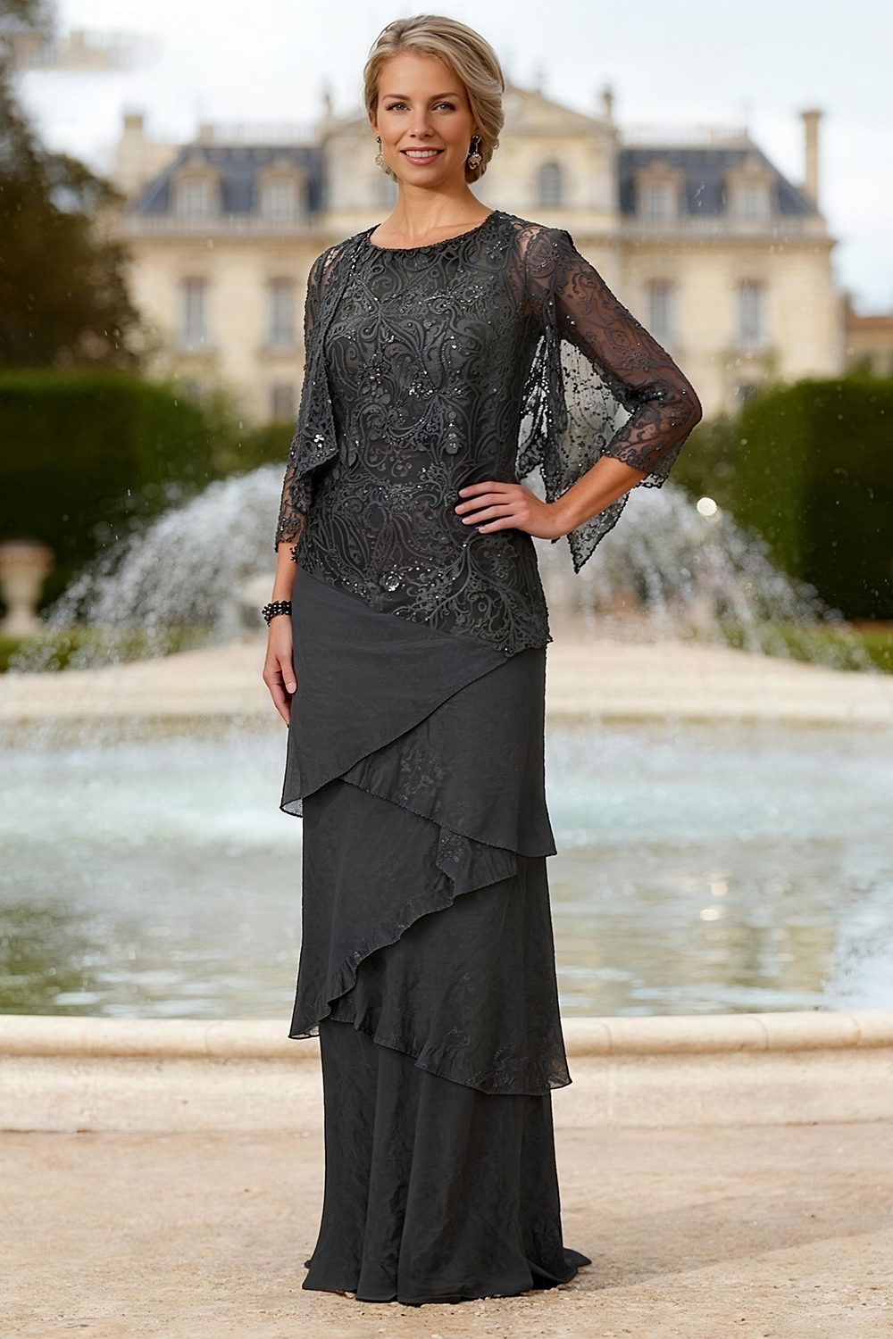 Sparkly Black Tiered Lace 2 Piece Floor-Length Mother of the Bride Dress with Jacket