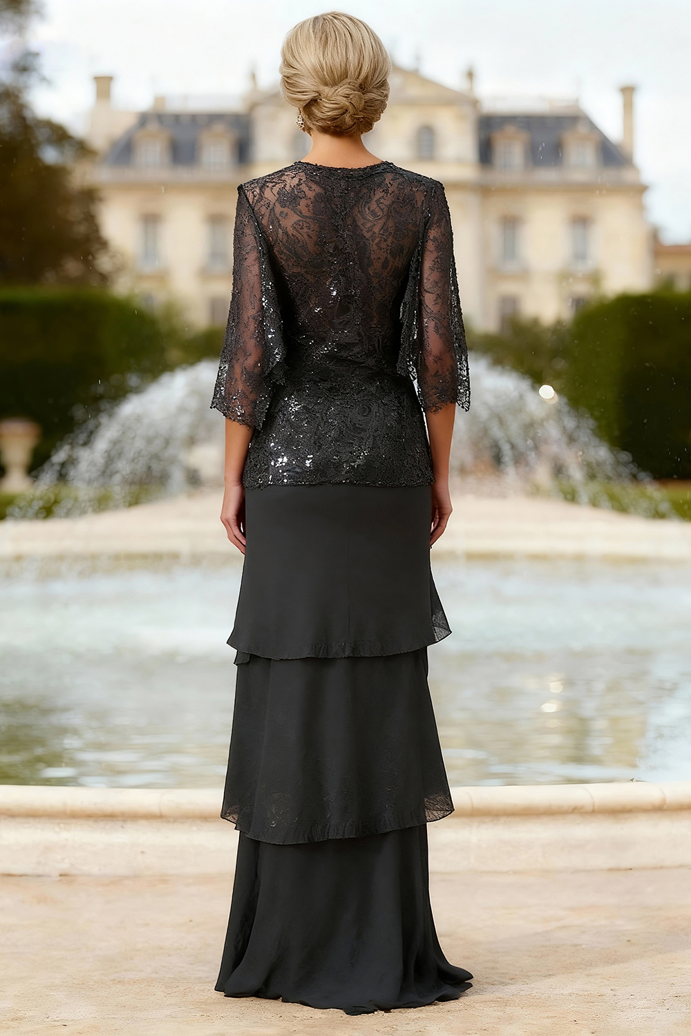 Sparkly Black Tiered Lace 2 Piece Floor-Length Mother of the Bride Dress with Jacket