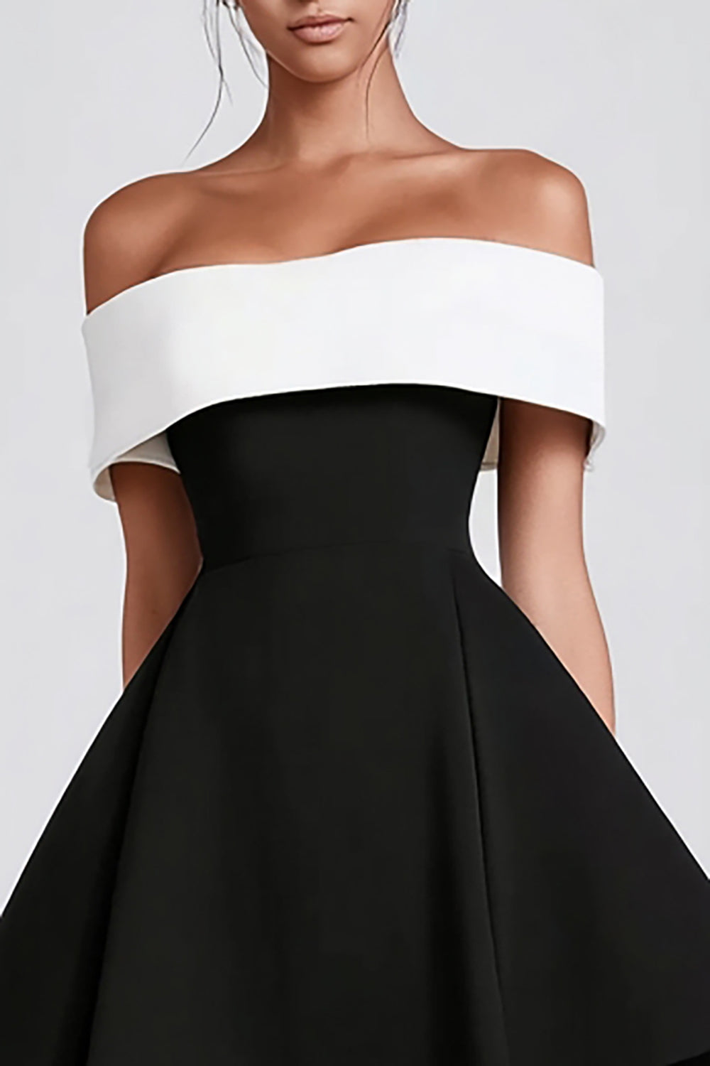 Black and White A-Line Satin Off the Shoulder Mini Cocktail Dress