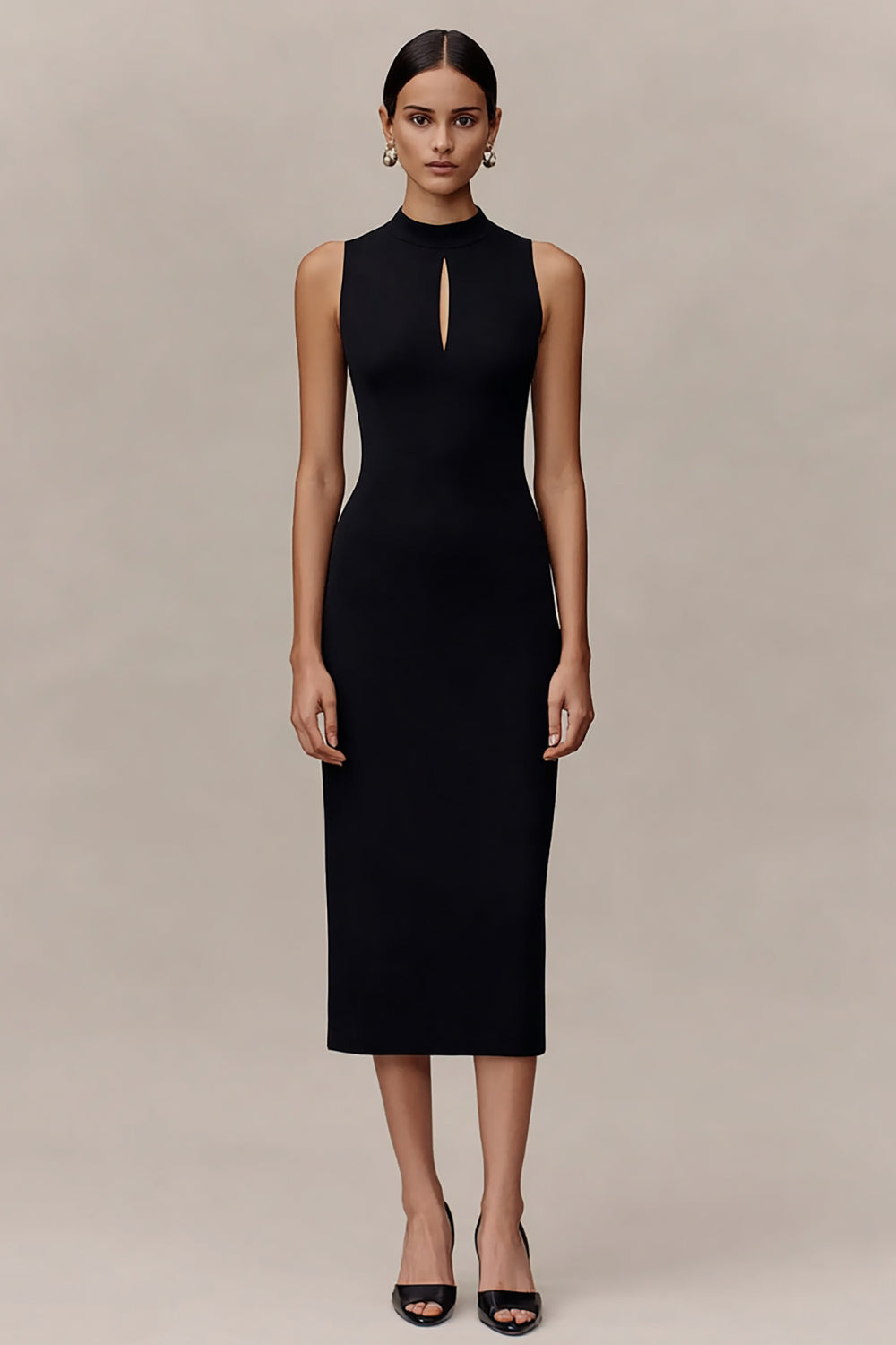 Black Satin Bodycon Keyhole Midi Cocktail Dress