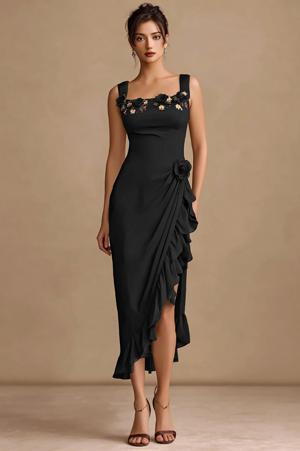 Floral Black Ruffled Sheath Midi Formal Dress with Slit