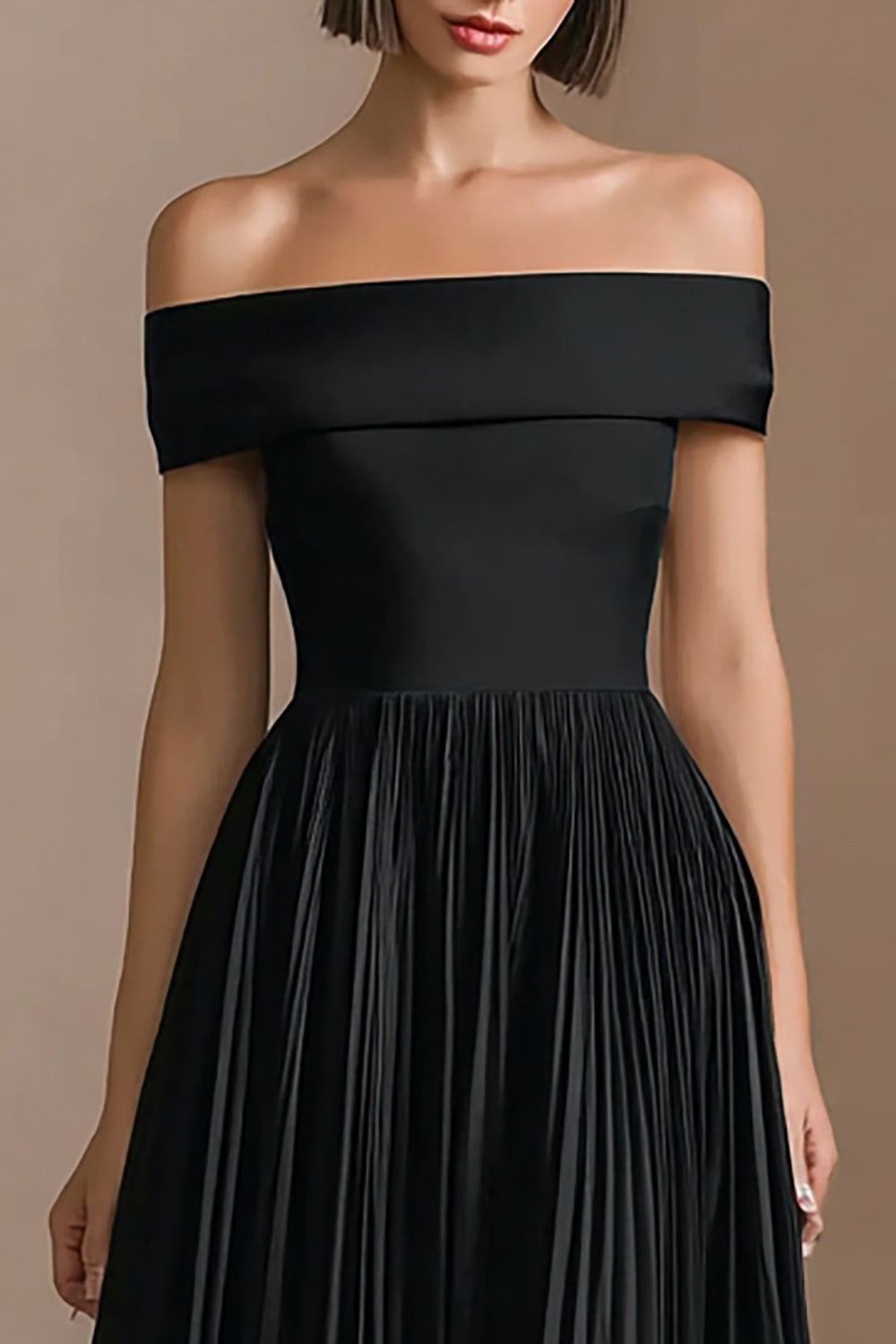 Elegant Black Satin Off the Shoulder A-Line Midi Formal Dress