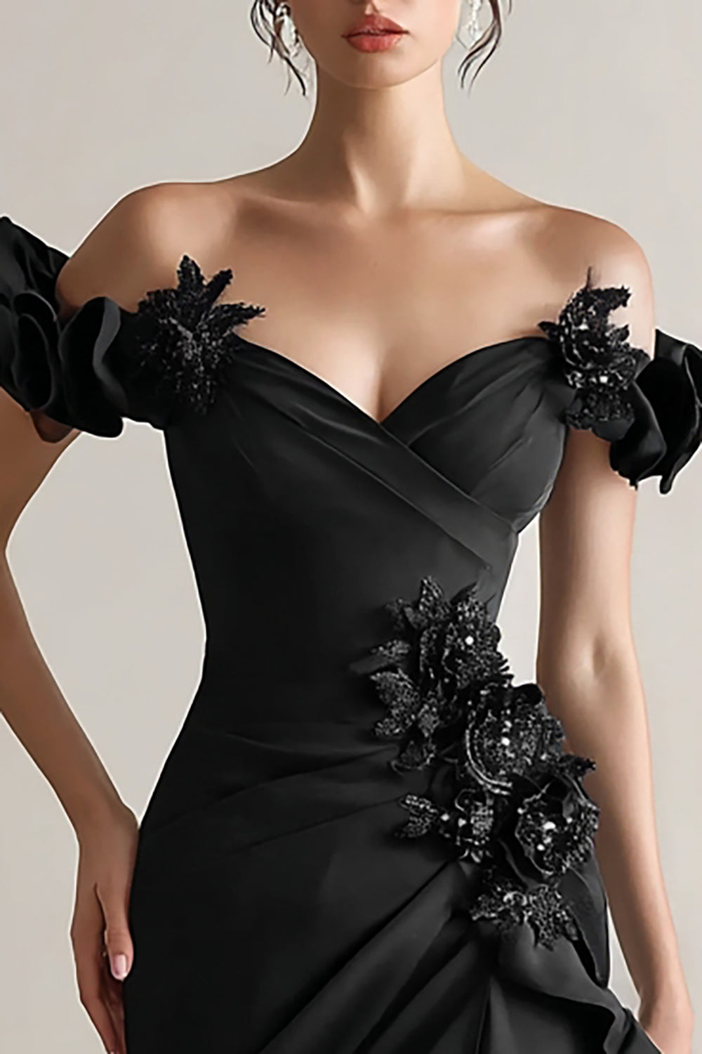 Sparkly Black Sheath Off the Shoulder High-Low Formal Dress with 3D Flowers