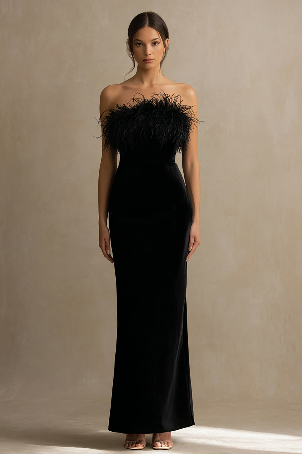 Black Velvet Sheath Long Strapless Holiday Party Dress with Feathers