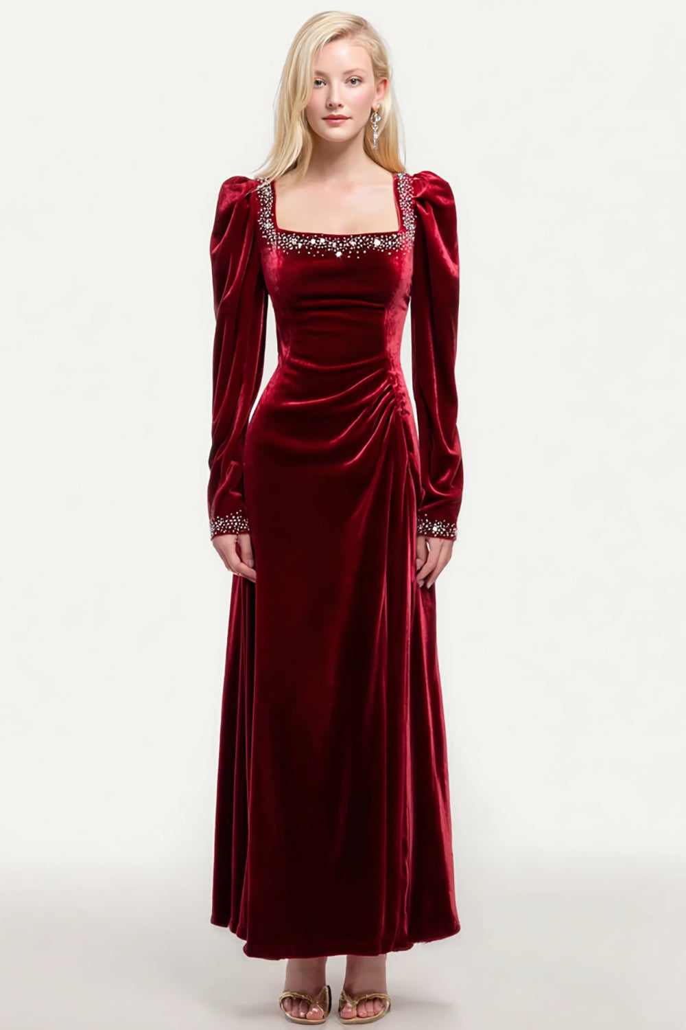 Sparkly Burgundy Velvet A-Line Long Sleeves Holiday Party Dress with Beading