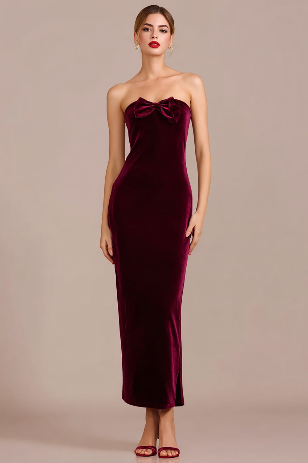 Burgundy Velvet Strapless Mermaid Long Holiday Party Dress with Bow