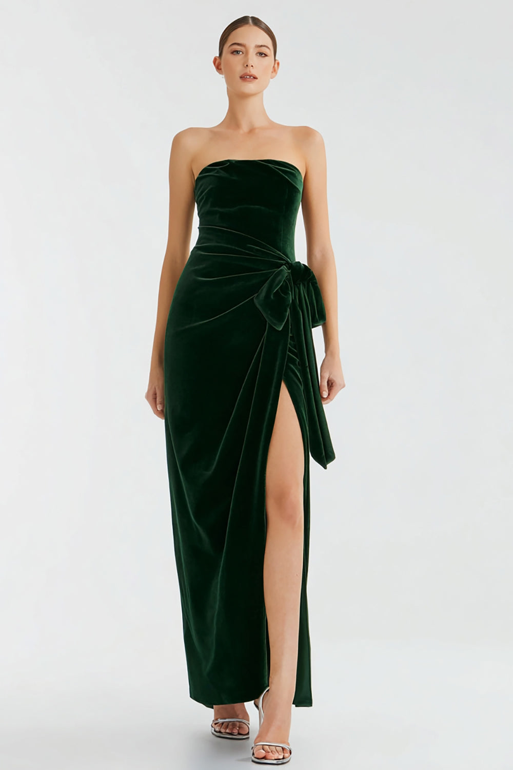 Pine Velvet Strapless A-Line Long Holiday Party Dress with Slit