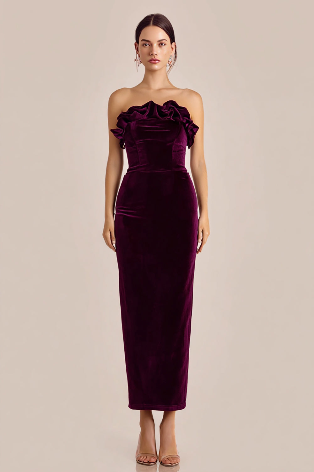 Plum Velvet Strapless Long Holiday Party Dress with Ruffles